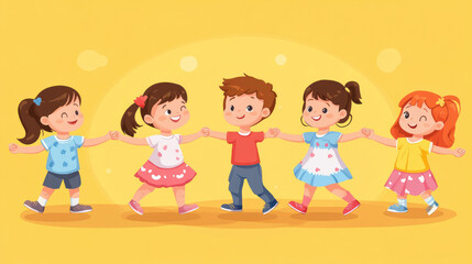 Happy children playing together in a vibrant cartoon style