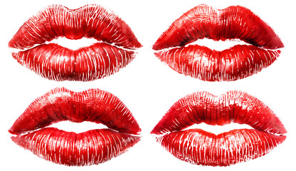 Set of prints of female, red lips on transparent background. The concept of love and passion.