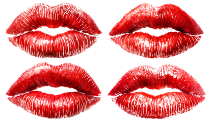 Set of prints of female, red lips on transparent background. The concept of love and passion.