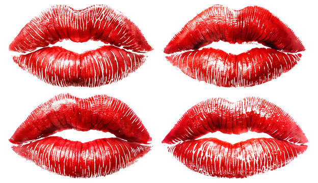 Set of prints of female, red lips on transparent background. The concept of love and passion.
