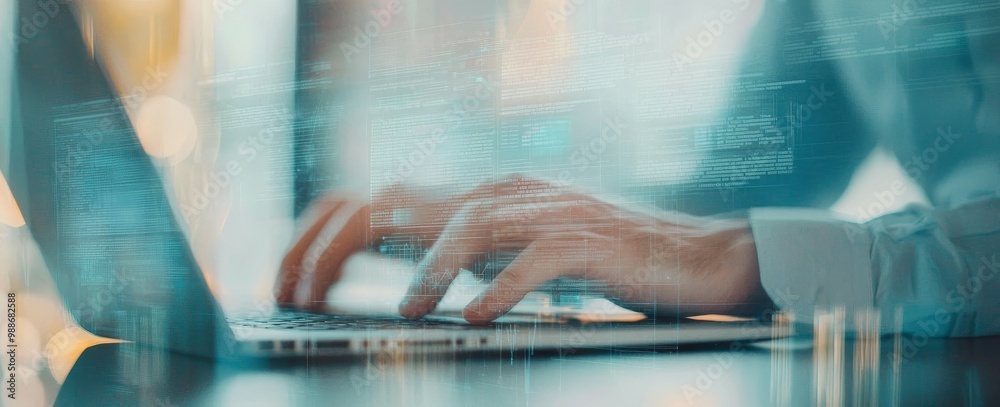 Poster Consultant setting up a virtual document management system (DMS) on a laptop computer in an office or working from home. Software for archiving corporate documents is being used.