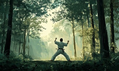 Karate fighter in a forest clearing.