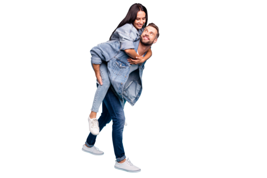 Full size photo of charming people hugging  piggy-backing wearing denim jeans jackets isolated over blue background
