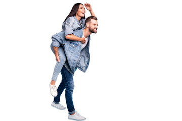 Full size profile side photo of cheerful people staring wearing denim jeans jackets isolated over blue background