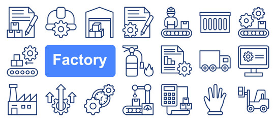 Factory icon set. Containing factory, eco factory, industrial robot, recycling plant. Collection and pack of linear web and ui icons. Editable stroke. Vector illustration