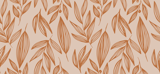 Autumn background with leaves, seamless pattern with plants, abstract botanical ornament