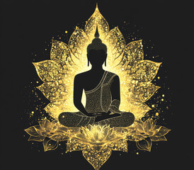 Obraz premium Golden vector art of a Buddha silhouette sitting in a lotus position on a black background with a golden, glittering flower pattern.