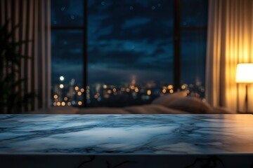Obraz premium Natural marble tabletop with copy space over blurred dark bedroom at night in the background with generative ai