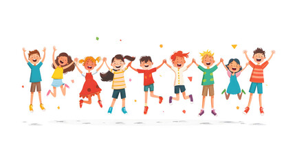 Cute cartoon children's drawing of many happy kids holding hands and jumping, white background, colorful , simple hand drawn style