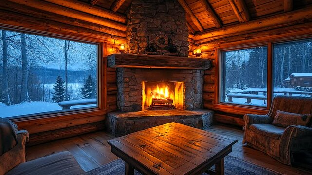 Cozy log cabin with warm fireplace and snowy window view at dusk. Seamless looping 4k time-lapse video background.