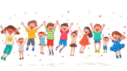 Fototapeta premium Cute cartoon children's drawing of many happy kids holding hands and jumping, white background, colorful , simple hand drawn style