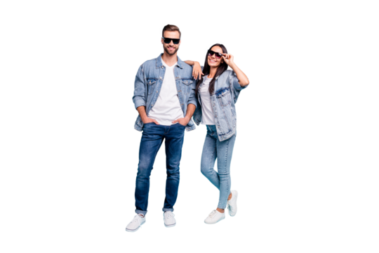 Full body photo of pretty man and woman with eyewear eyeglasses smiling wearing denim jeans jacket isolated over blue background