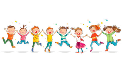 Cute cartoon children's drawing of many happy kids holding hands and jumping, white background, colorful , simple hand drawn style