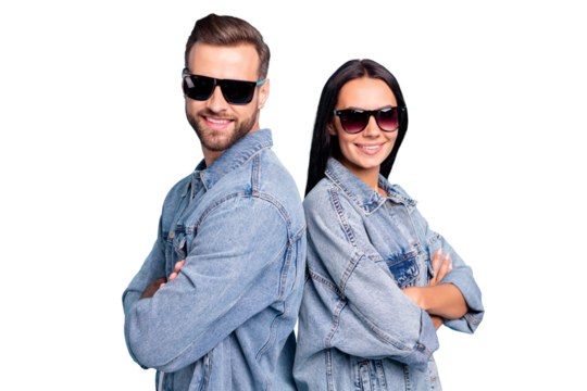 Close up photo of attractive man and woman in eyewear eyeglasses crossing their hands  wearing denim jeans jacket isolated over blue background