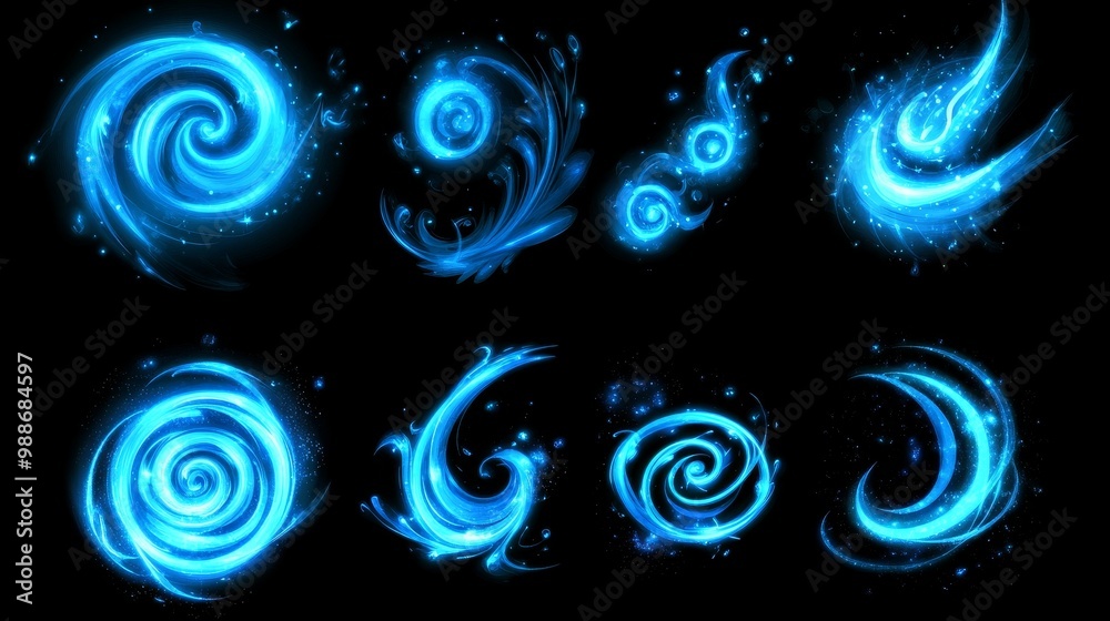 Poster A set of abstract blue swirls with a wind effect isolated on transparent background. Modern realistic set of magic air vortex with light swirls.