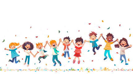 Cute cartoon children's drawing of many happy kids holding hands and jumping, white background, colorful , simple hand drawn style