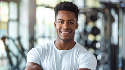Fototapeta premium A confident man with an athletic build poses in a gym, smiling brightly with arms crossed