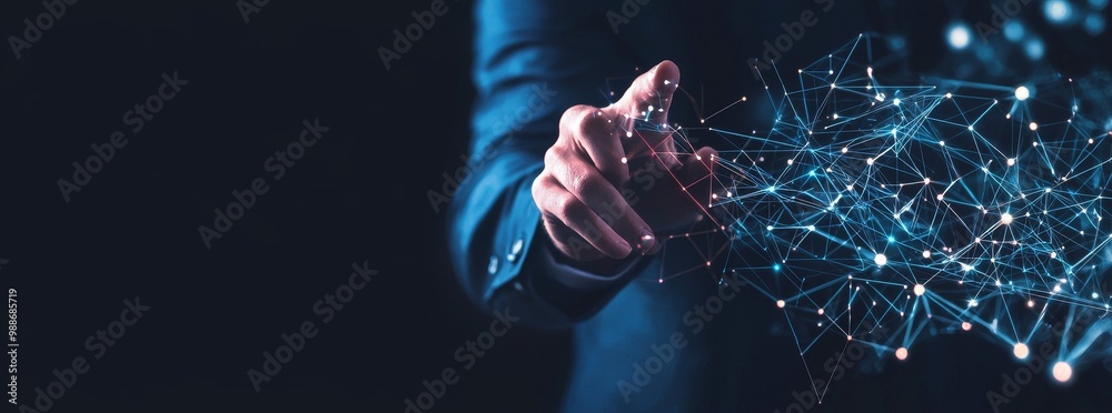 Poster Conceptual image of a woman touching a computer screen representing the next generation of technology.