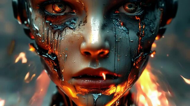 AI post apocalyptic  android robots  melting in fire