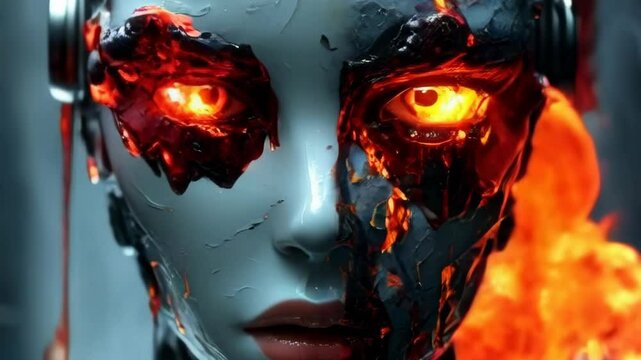 AI post apocalyptic  android robots  melting in fire