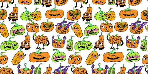 Obraz premium seamless pattern with halloween pumpkins characters in vector. design for backdrop decoration postcard poster print background wallpaper package textile banner