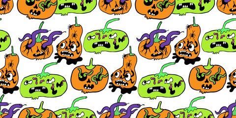 Fototapeta premium seamless pattern with halloween pumpkins characters in vector. design for backdrop decoration postcard poster print background wallpaper package textile banner