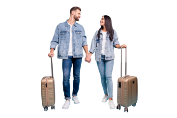 Full body profile side photo of charming holding pack looking enjoying wearing denim jeans jackets isolated over blue background