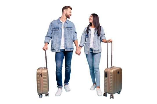 Full body profile side photo of charming holding pack looking enjoying wearing denim jeans jackets isolated over blue background
