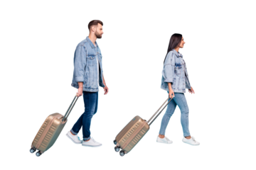 Full length profile side photo of lovely spouses holding trolley wearing denim jeans jackets isolated over blue background