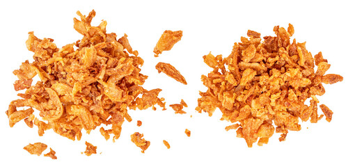 Pile of crispy fried onions isolated on white. Roasted Onions Top view.  Scattered Dry Onion Pieces...
