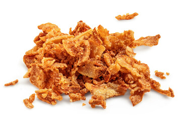 Pile of crispy fried onions isolated on white. Roasted Onions.  Scattered Dry Onion Pieces closeup.