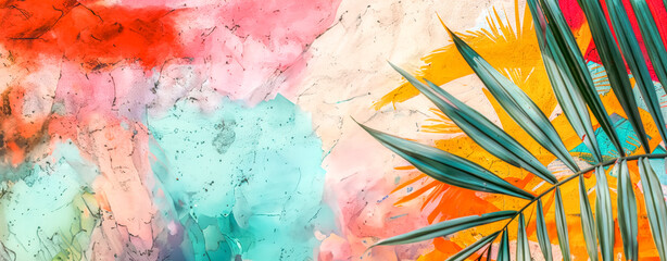 Vibrant banner with watercolor splashes of red, turquoise and orange with tropical palm leaf, creating artistic and energetic backdrop. Ideal for summer promotions, creative projects or event branding