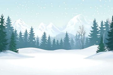 Winter Landscape with Snow Covered Mountains and Pine Forest