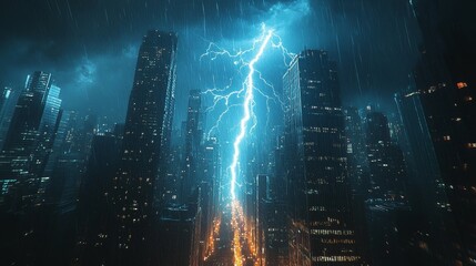 Obraz premium Capture a strong lightning bolt at close range, striking two towering skyscrapers and illuminating the dark city sky with bright and jagged light.