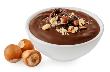Chocolate hazelnut spread in a bowl isolated. Twisted Hazel nut cream on white background, melted chocolate swirl..