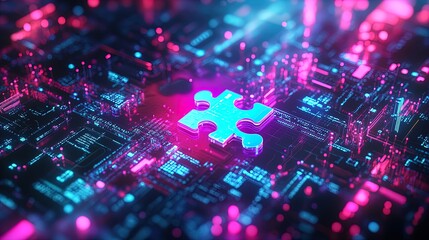 Obraz premium Vibrant Cybernetic Puzzle: A Stunning Poster for Sports Interiors, Merging Innovation and Creativity with Glowing Pink and Blue Digital Circuits