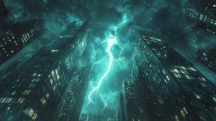 Obraz premium Capture a strong lightning bolt at close range, striking two towering skyscrapers and illuminating the dark city sky with bright and jagged light.