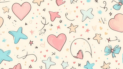 Seamless pattern, including soft heart, star, and vortex patterns, mixed with delicate ribbon and bow graffiti, using soft and warm tones to create a sweet and simple design style.