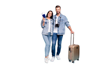 Full body photo of married people holding pack hug embrace wear trendy denim jeans jackets isolated...
