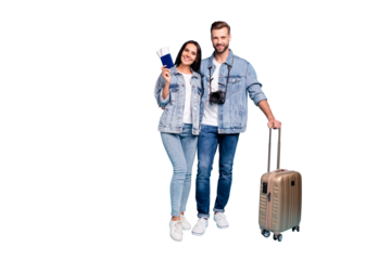 Full body photo of married people holding pack hug embrace wear trendy denim jeans jackets isolated over blue background