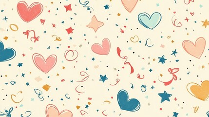 Seamless pattern, including soft heart, star, and vortex patterns, mixed with delicate ribbon and bow graffiti, using soft and warm tones to create a sweet and simple design style.
