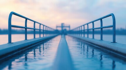 Water treatment infrastructure on the edge of a city, pipes leading to a clean water supply, Urban Infrastructure, Water Treatment, City Systems