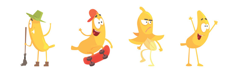 Funny Banana Yellow Character Engaged in Different Activity Vector Set