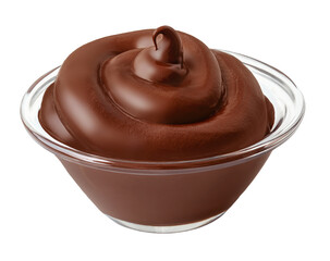 Chocolate hazelnut spread in glass jar isolated. Hazel nut cream on white background, melted chocolate jam..