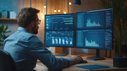 A digital marketing strategist analyzing website traffic and engagement metrics on multiple screens in a modern office