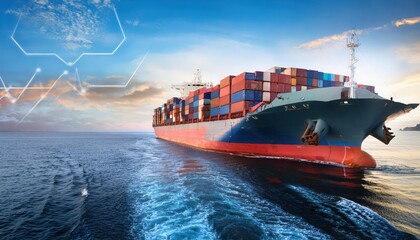 Naklejka premium Cargo ship sailing on the ocean with digital map overlay.