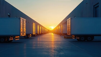 Fototapeta premium Industrial loading dock at sunset, pallets and trucks prepared for a night shipment, Loading Dock, Night Shipment, Industrial Logistics