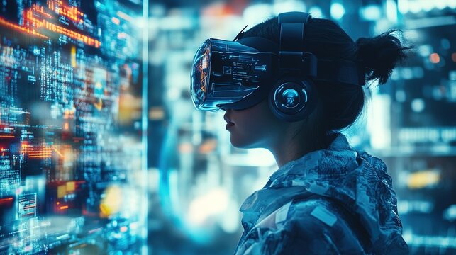 A virtual reality user immersed in a multi-dimensional world, wearing futuristic gear and interacting with a mixed-reality environment