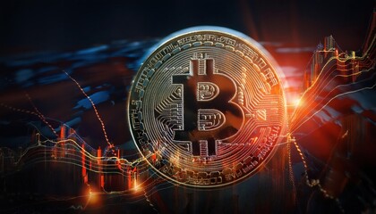 A golden Bitcoin coin with a glowing background.