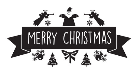 Black and white minimalist banner wishing merry christmas with angels playing trumpets, santa claus, christmas trees, snowflakes, holly and a ribbon